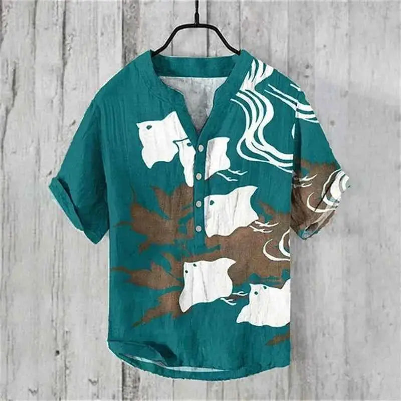 Summer Linen Blend Men's V Neck Short Sleeve T Shirt With The Great Wave Off Kanagawa Print