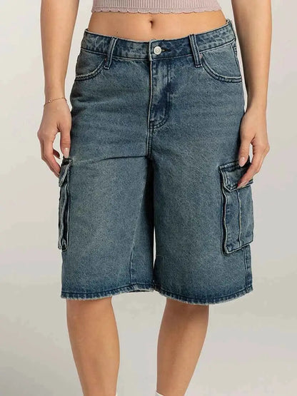 Y2K Loose Denim Cargo Shorts For Women Low Rise Wide Leg Knee Length Oversized Fit Summer Jeans Shorts Streetwear