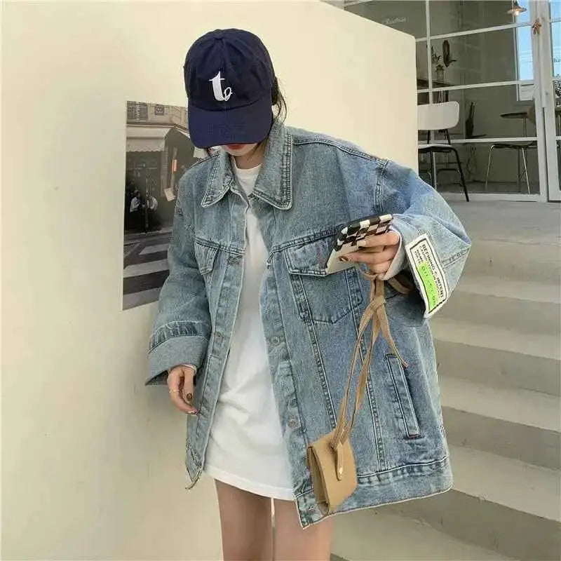Oversized Denim Jacket for Women Korean Style Loose Fit Long Sleeve Button Down Jean Jacket 2026 New