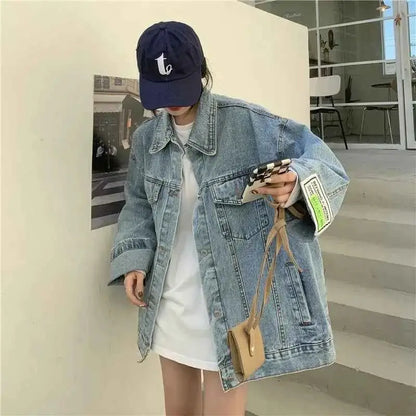 Oversized Denim Jacket for Women Korean Style Loose Fit Long Sleeve Button Down Jean Jacket 2026 New