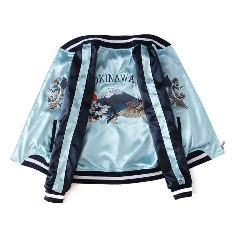 Double Sided Satin Baseball Jacket Women Featuring Mount Fuji Yokosuka Japanese Artwork Sky Blue And Pink By TeenStylo