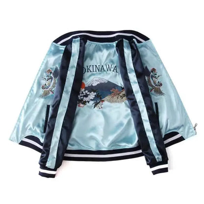 Double Sided Satin Baseball Jacket Women Featuring Mount Fuji Yokosuka Japanese Artwork Sky Blue And Pink By TeenStylo