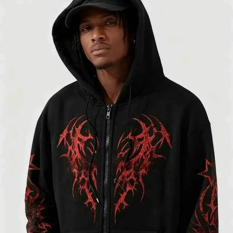 New Hooded Zip Up Hoodie Unisex Winter 100 Percent Cotton Gothic Print Vintage Fleece Sweatshirt Y2K Oversized