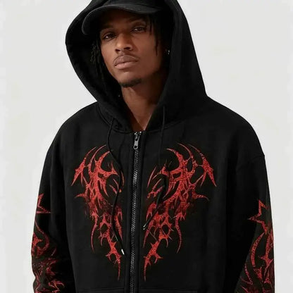 New Hooded Zip Up Hoodie Unisex Winter 100 Percent Cotton Gothic Print Vintage Fleece Sweatshirt Y2K Oversized