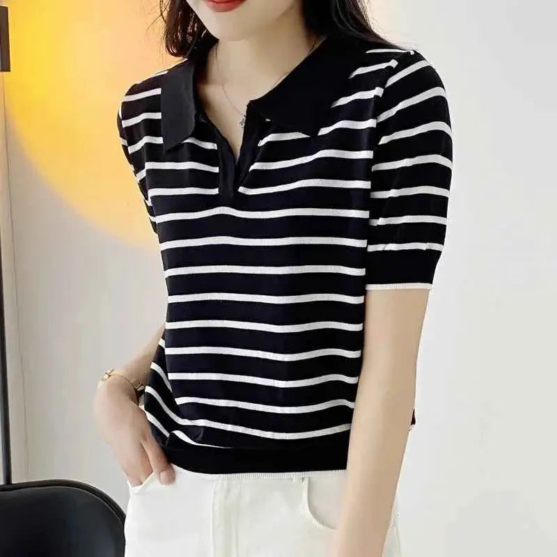 Women Summer Polo T Shirt Short Sleeve Cotton Striped Casual Fashion Top Tee Available In M L XL