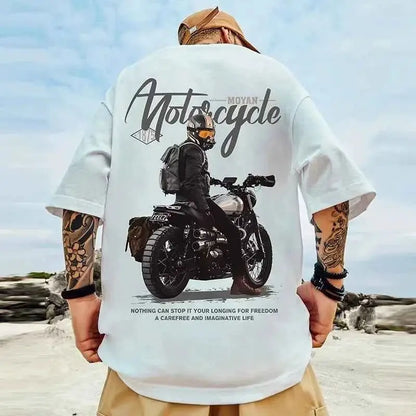 Size 8XL Men Casual T Shirt American Vintage Motorcycle Print Tee Loose Fit Large Top