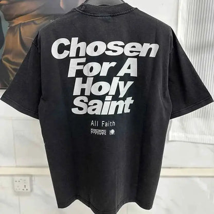 25SS Fingerprint Digital Direct Printing Saint T Shirt Unisex Oversized Vintage Washed Black Tee With Tag