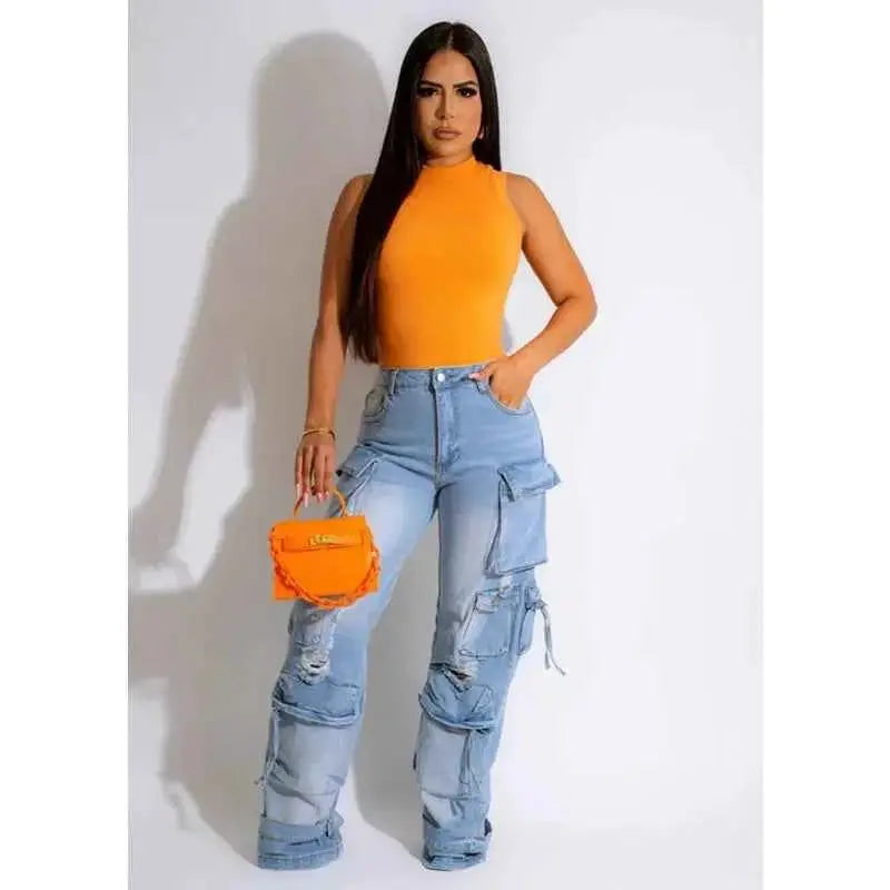 Women Denim Straight Pants High Waist Cargo Jeans Streetwear Casual Trousers Multi Pocket