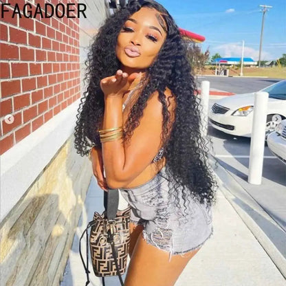 FAGADOER Gray High Waisted Button Denim Shorts For Women Street Style Casual Solid Color Distressed Hole Bottoms 2023