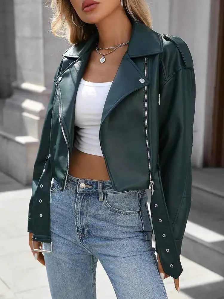 Women Faux PU Leather Short Jacket Belted Motorcycle Style Zipper Lapel Spring Autumn Outwear