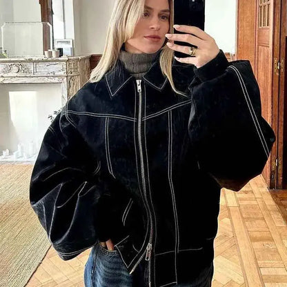 Women PU Leather Jacket Zipper Streetwear Vintage Contrast Stitch Lapel Loose Coat Fall Winter 2024 Trendy