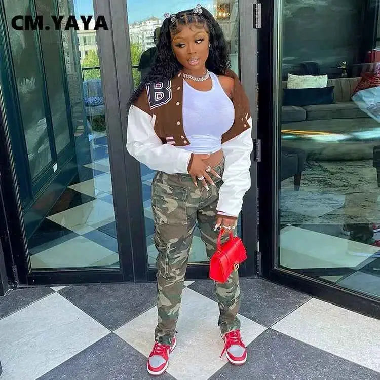 CM YAYA Letter B Baseball Womens Tracksuit Two Piece Jacket And Sweatpants Set Outfit