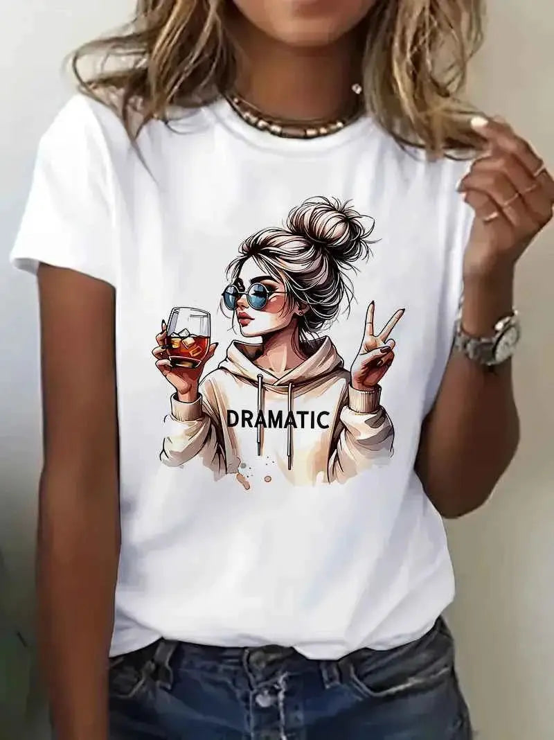 Streetwear 90s Womens Casual Graphic T Shirt Dramatic Wine Print Short Sleeve Top