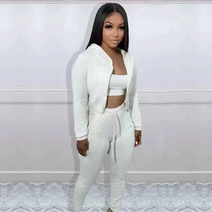 Women Sportswear 3 Piece Hooded Track Jacket Tank Top Jogger Pants Tracksuit Activewear Set