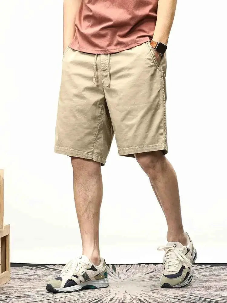 Summer Casual Men Elastic Waist Stretch Cotton Drawstring Cargo Shorts Bermuda Relaxed Workwear
