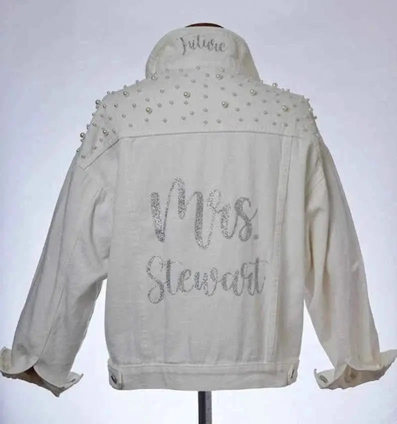 Bride To Be Personalized White Pearl Denim Jacket Bachelorette Gift With Custom Name For Bridesmaids