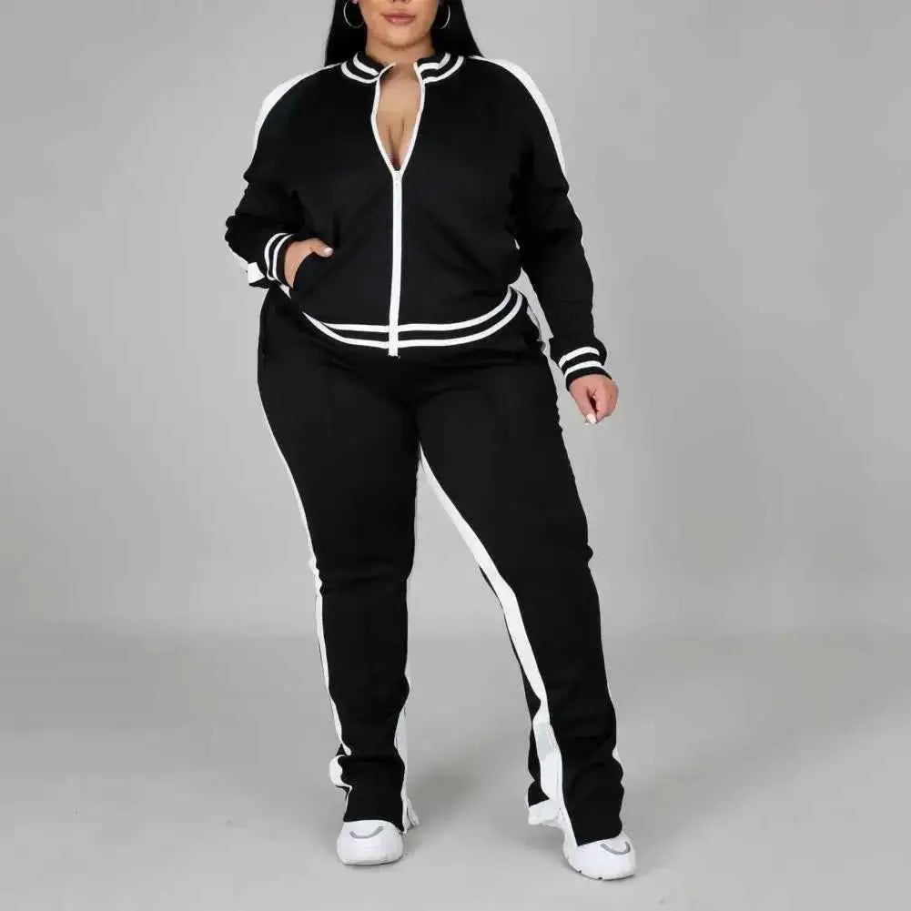Plus Size Women Tracksuit Set Zip Up Long Sleeve Jogging Suit With Trousers Loose Fit Two Piece Sportswear Casual Outfit