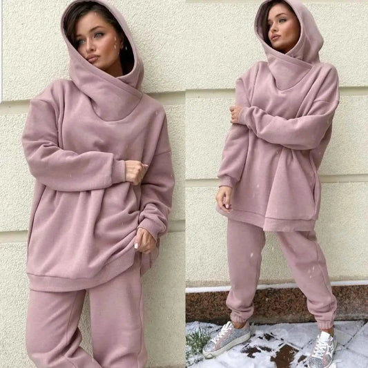 Winter Womens Tracksuit Two Piece Set Solid Long Sleeve Hooded Running Sports Suit Warm Hoodie Sweatpants
