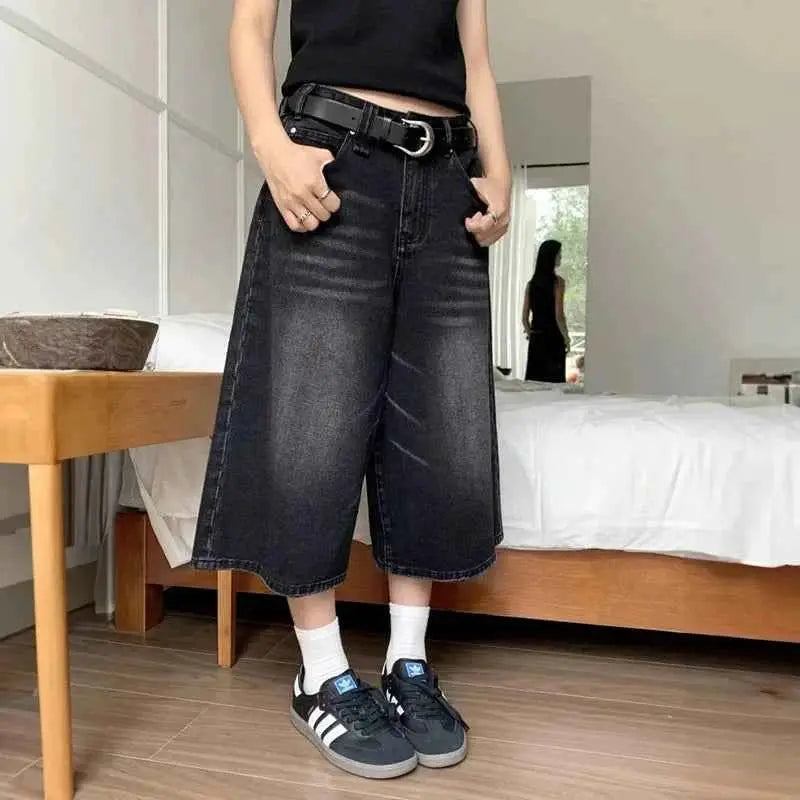 Harajuku Vintage High Waist Black Washed Denim Shorts Womens Streetwear Casual Loose Fit Y2K Mid Long Short