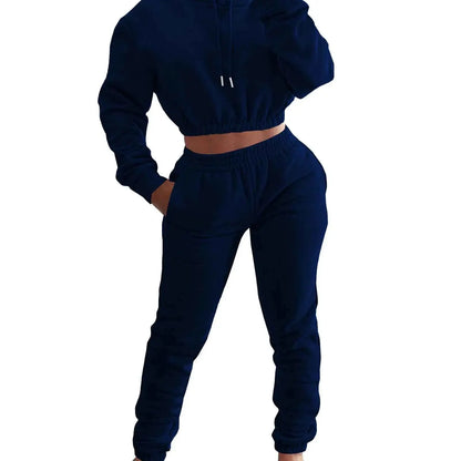 Women Autumn Winter Fleece Crop Top Hoodie Sweatshirt And Sweatpants Tracksuit 2 Piece Jogger Set Sweatsuit
