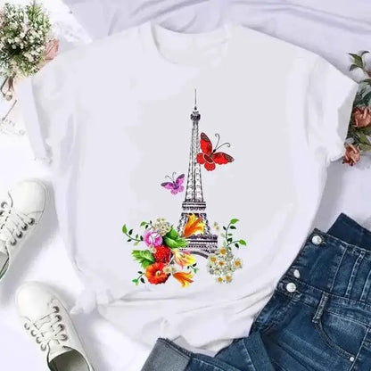 Women's Short Sleeve Butterfly Bow Floral Graphic Tee T Shirt Summer Casual Top For Everyday Wear