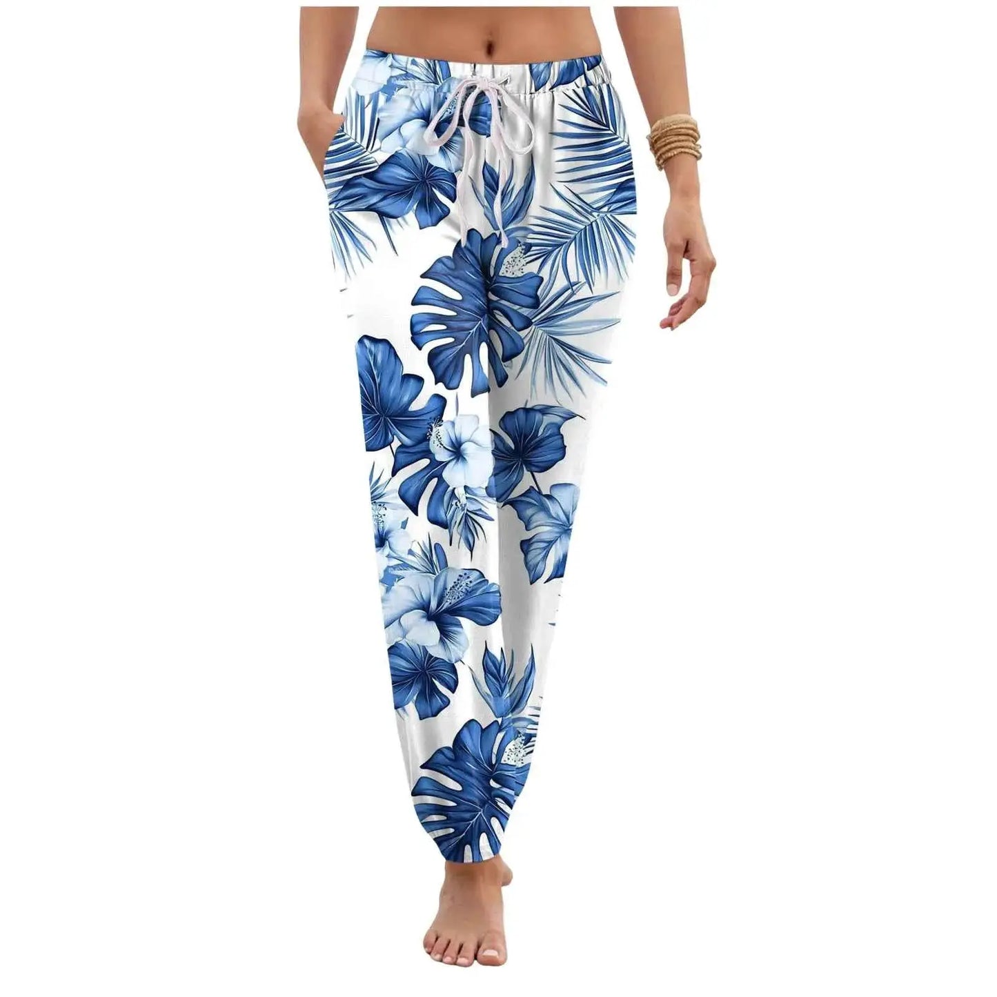 Women Casual Vintage Floral Printed Harem Pants With Pockets Drawstring Elastic Waist Beach Vacation Long Trousers