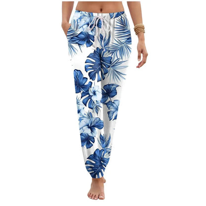 Women Casual Vintage Floral Printed Harem Pants With Pockets Drawstring Elastic Waist Beach Vacation Long Trousers