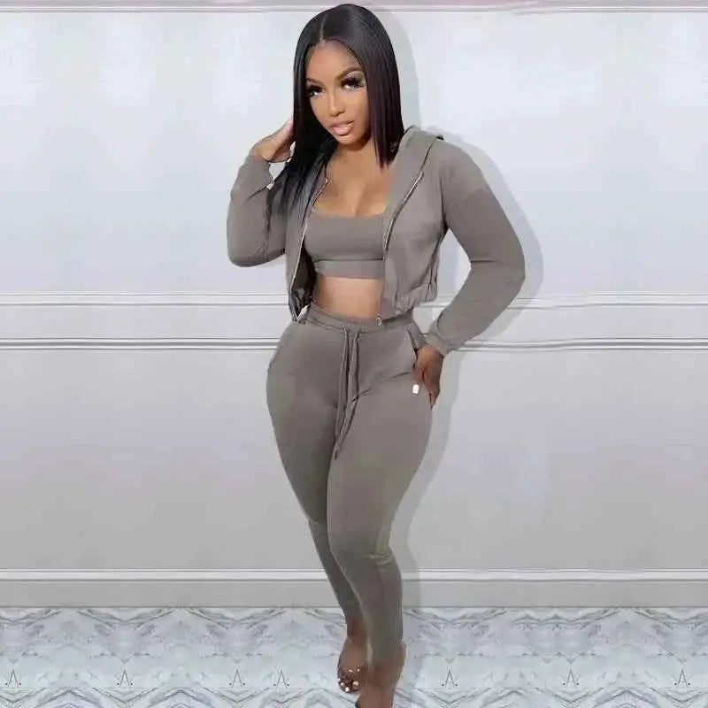 Women Sportswear 3 Piece Hooded Track Jacket Tank Top Jogger Pants Tracksuit Activewear Set
