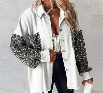 2025 Spring And Autumn Women Loose Casual Denim Shirt Jacket With Sequin Tassels For Everyday Wear