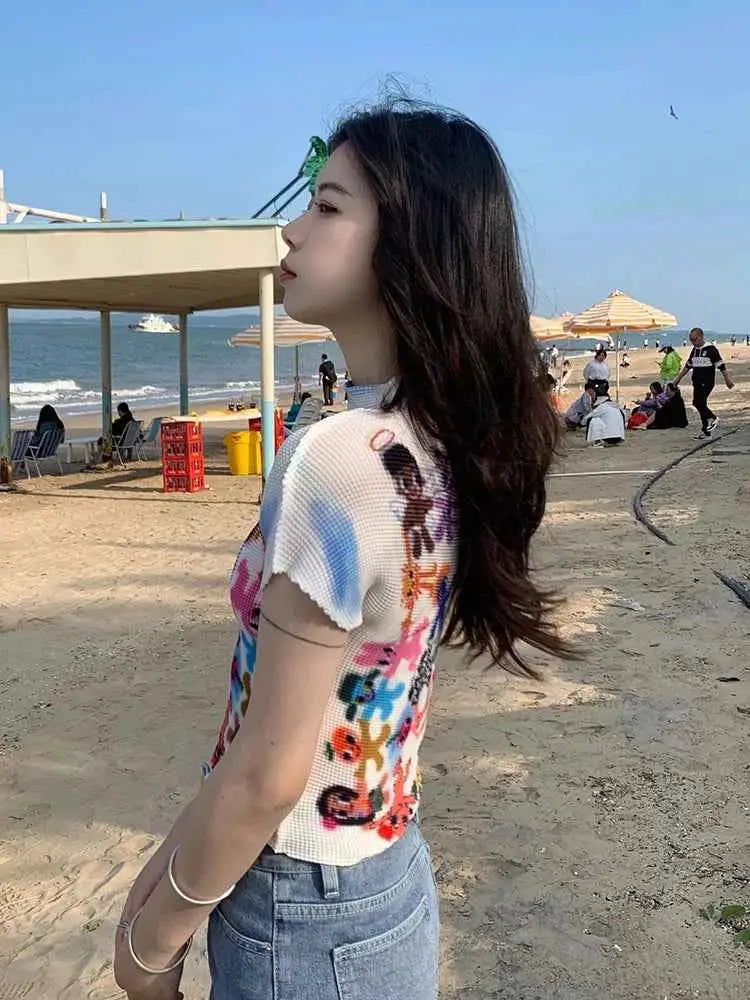 Womens Harajuku Korean Y2K Graphic Print Short Sleeve T Shirt O Neck Top Vintage Streetwear Summer