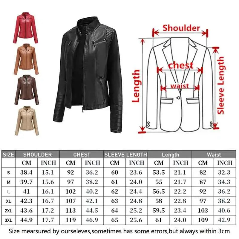 2026 Women's Slim Leather Jacket With Stand Up Collar Zipper Stitching Monochrome PU Coat Fashion Clothing
