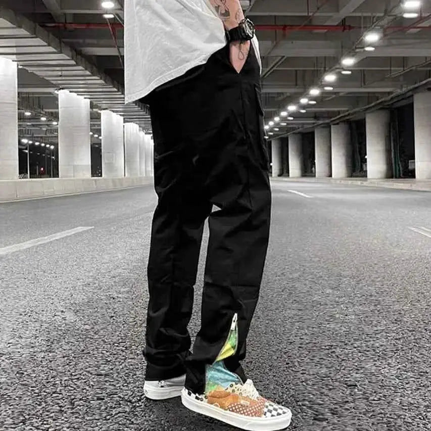 Streetwear Patchwork Cargo Pants Men Cashew Flower Print Y2K Hip Hop Slim Fit with Side Zip Pockets