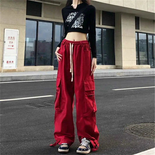 Red Cargo Pants Women Gothic Joggers High Waist Loose Fit Hip Hop Trousers Korean Punk Sweatpants