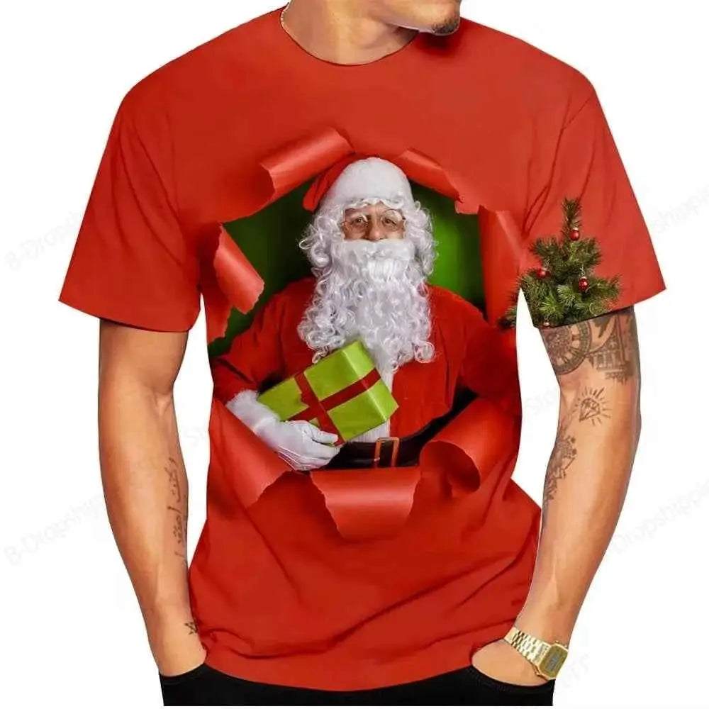 Christmas Santa Claus 3D Print T Shirt For Men Casual Short Sleeve O Neck Oversized Tee