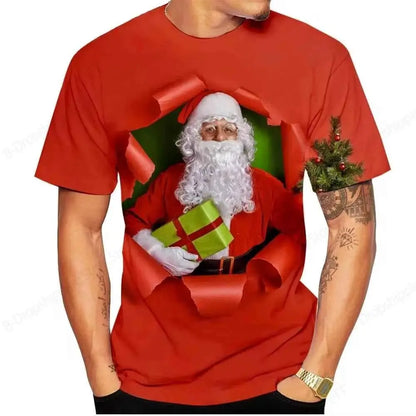 Christmas Santa Claus 3D Print T Shirt For Men Casual Short Sleeve O Neck Oversized Tee
