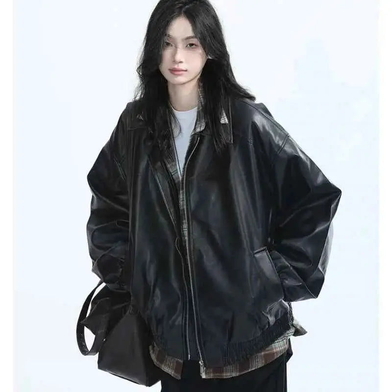 Retro Ladies Fashion Zipper Faux Leather Jacket Spring Autumn Women Long Sleeves Leather Coat PU Leather Outerwear 2025