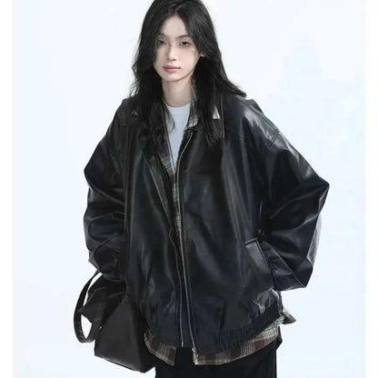 Retro Ladies Fashion Zipper Faux Leather Jacket Spring Autumn Women Long Sleeves Leather Coat PU Leather Outerwear 2025