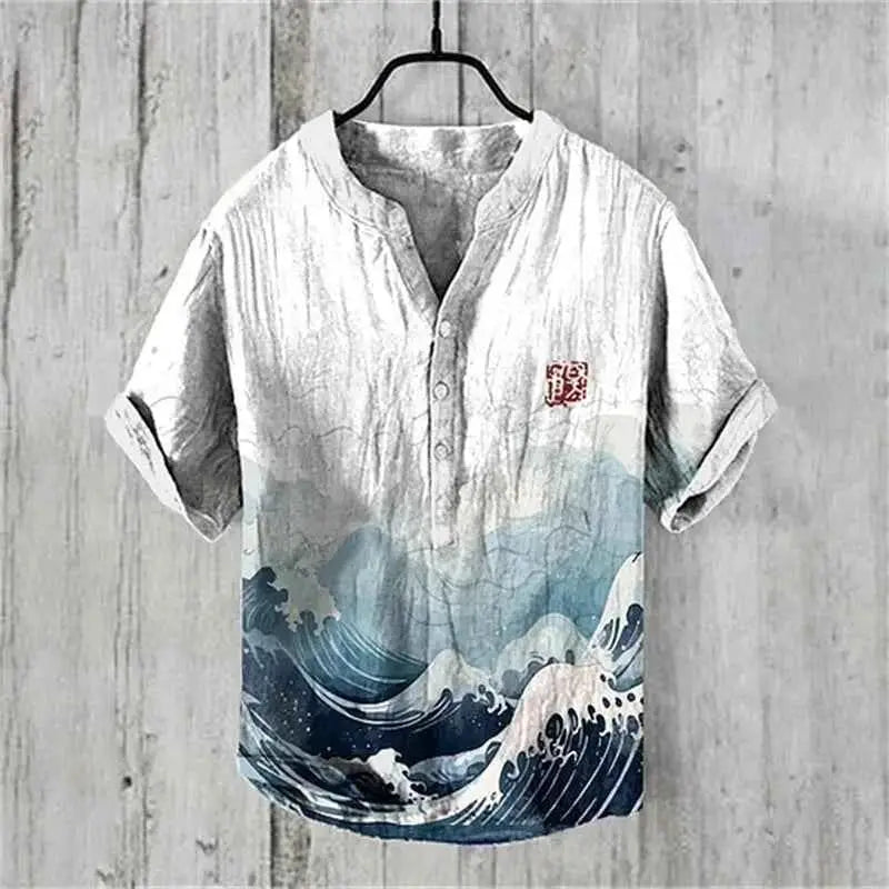 Summer Linen Blend Men's V Neck Short Sleeve T Shirt With The Great Wave Off Kanagawa Print