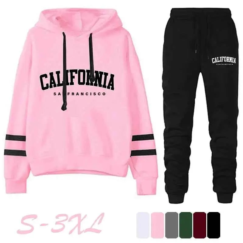 California Womens Tracksuit Set Casual Striped Hooded Sweatshirt and Pants Versatile Streetwear S to 3XL