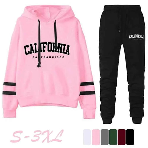 California Womens Tracksuit Set Casual Striped Hooded Sweatshirt and Pants Versatile Streetwear S to 3XL