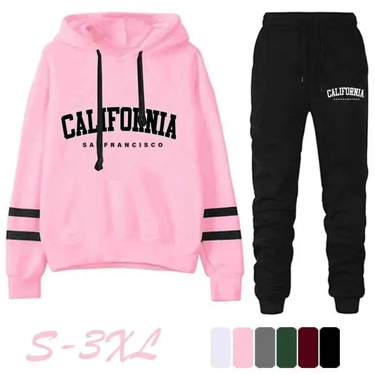 California Womens Tracksuit Set Casual Striped Hooded Sweatshirt and Pants Versatile Streetwear S to 3XL