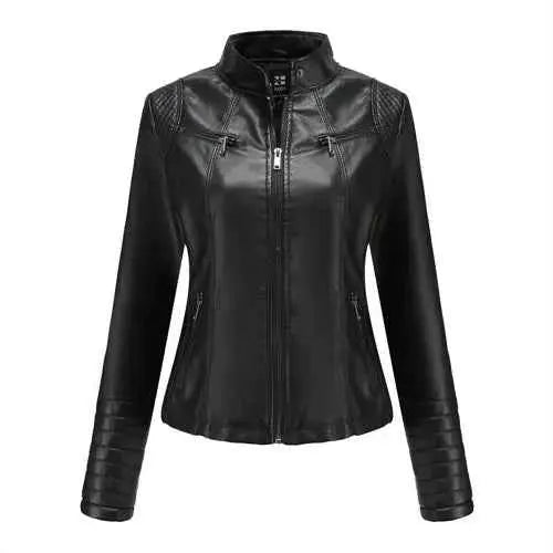 2026 Women's Slim Leather Jacket With Stand Up Collar Zipper Stitching Monochrome PU Coat Fashion Clothing