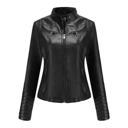 2026 Women's Slim Leather Jacket With Stand Up Collar Zipper Stitching Monochrome PU Coat Fashion Clothing