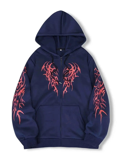 New Hooded Zip Up Hoodie Unisex Winter 100 Percent Cotton Gothic Print Vintage Fleece Sweatshirt Y2K Oversized