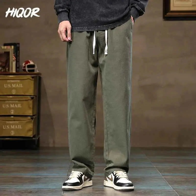 HIQOR Men Casual Cotton Vintage Jogger Pants Loose Straight Wide Leg Cargo Streetwear Trousers