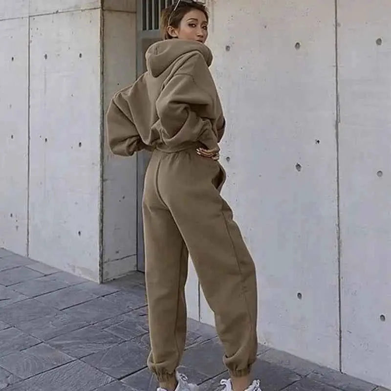Women Fleece Two Piece Set Hoodie And Sweatpants Tracksuit 2023 Spring Winter Vintage Y2K Streetwear