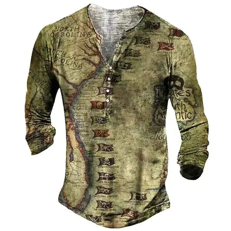 Vintage Men's Compass Graphic Long Sleeve Tee Oversized Streetwear 3D Print For Men