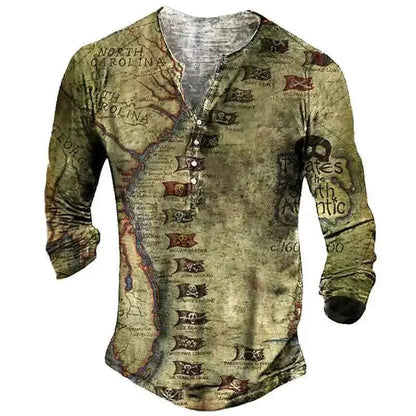 Vintage Men's Compass Graphic Long Sleeve Tee Oversized Streetwear 3D Print For Men