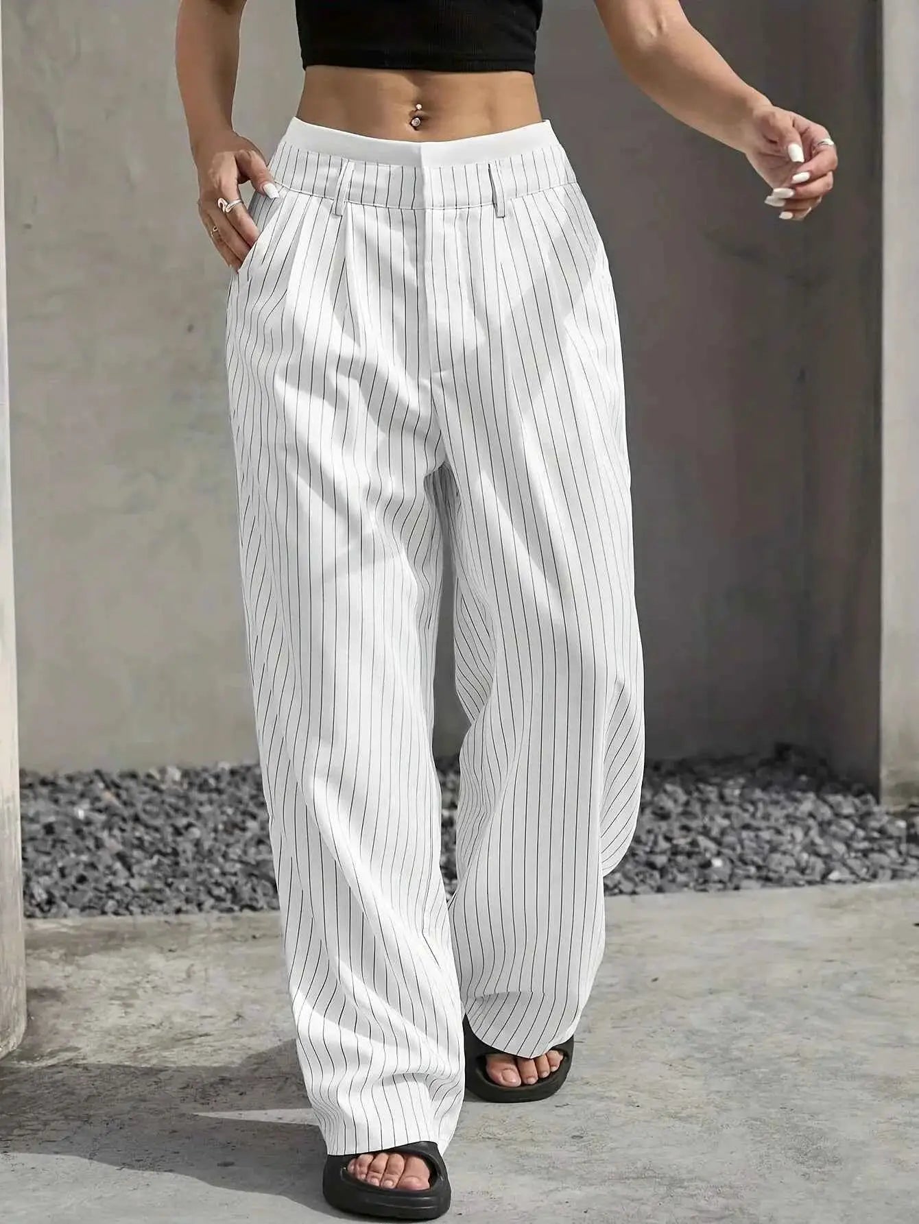 Women Striped Printed Full Length Pants High Waist Loose Wide Leg Trousers Casual Y2K Fashion