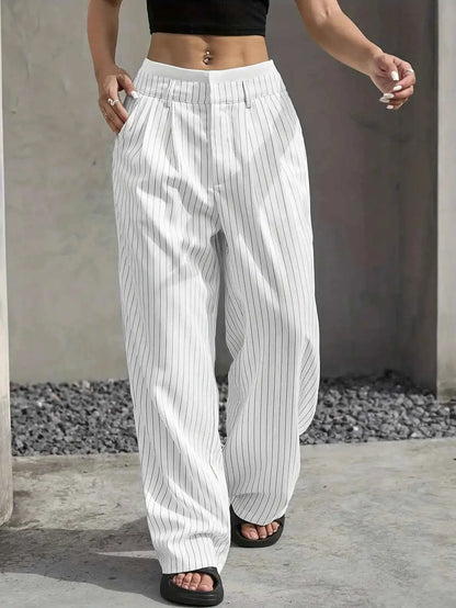 Women Striped Printed Full Length Pants High Waist Loose Wide Leg Trousers Casual Y2K Fashion